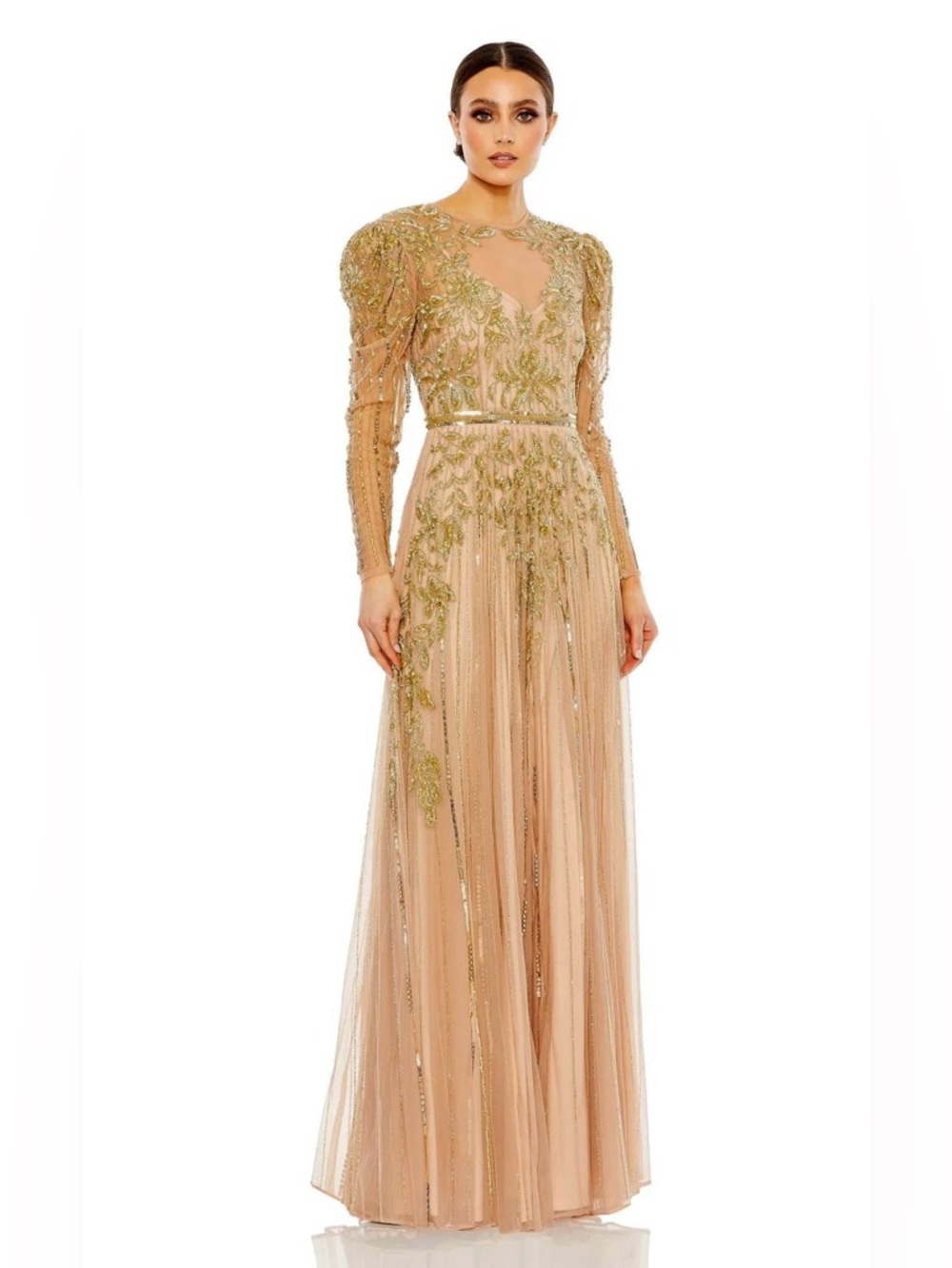 Mac Duggal NEW Nude Gold Hand Embellished Illusion Neckline Gown Size 20